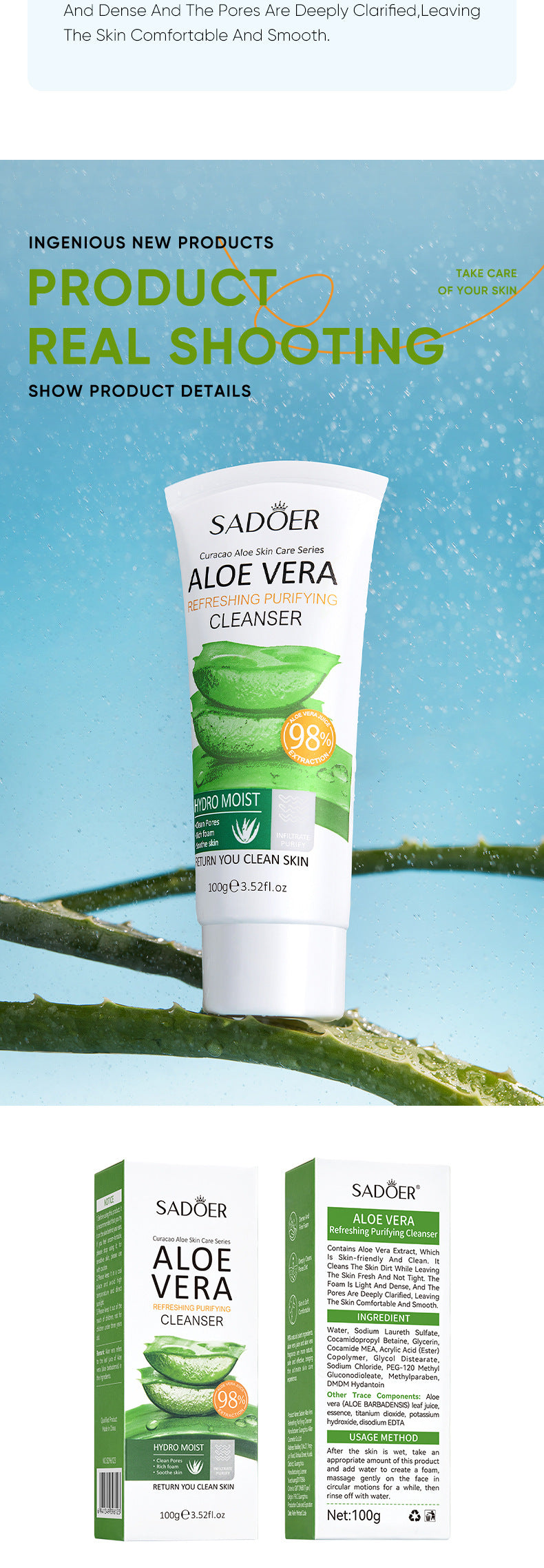 Full English Aloe Vera Skincare Set SADOER Cleansing, hydrating, moisturizing, and nourishing  foreign trade manufacturer wholesale