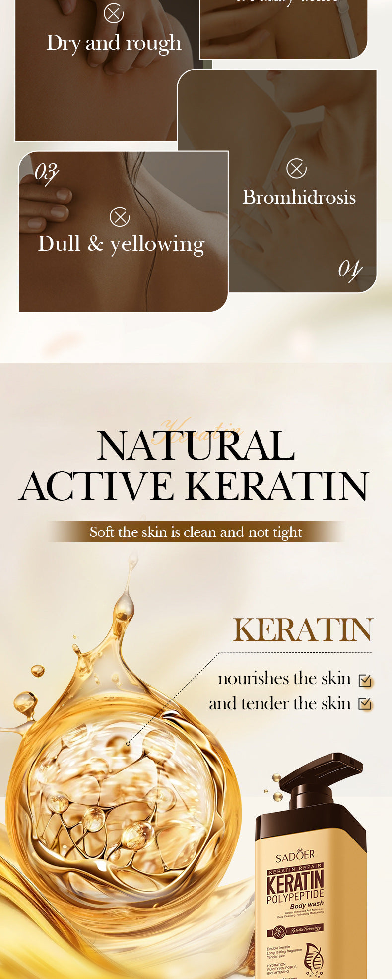 Keratin Peptide Rejuvenating Shower Gel SADOER Moisturizing and cleansing body wash cross-border wholesale
