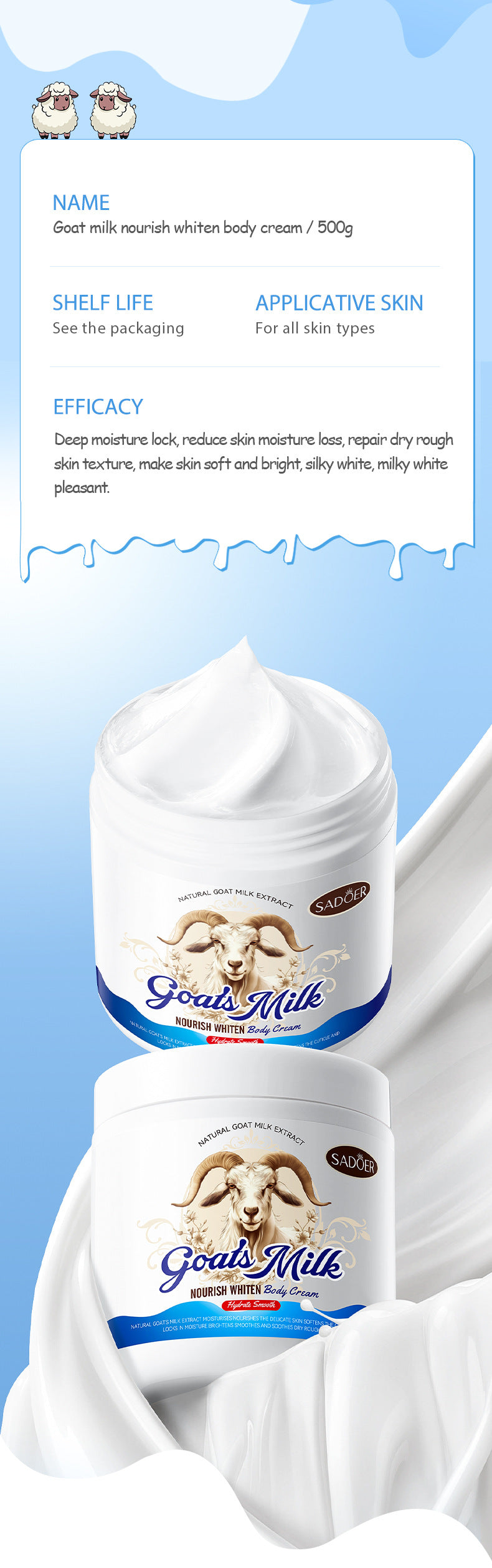 Goat Milk Whitening Body Lotion SADOER Nourishing Autumn and Winter Body Cream Cross-Border Foreign Trade Wholesale