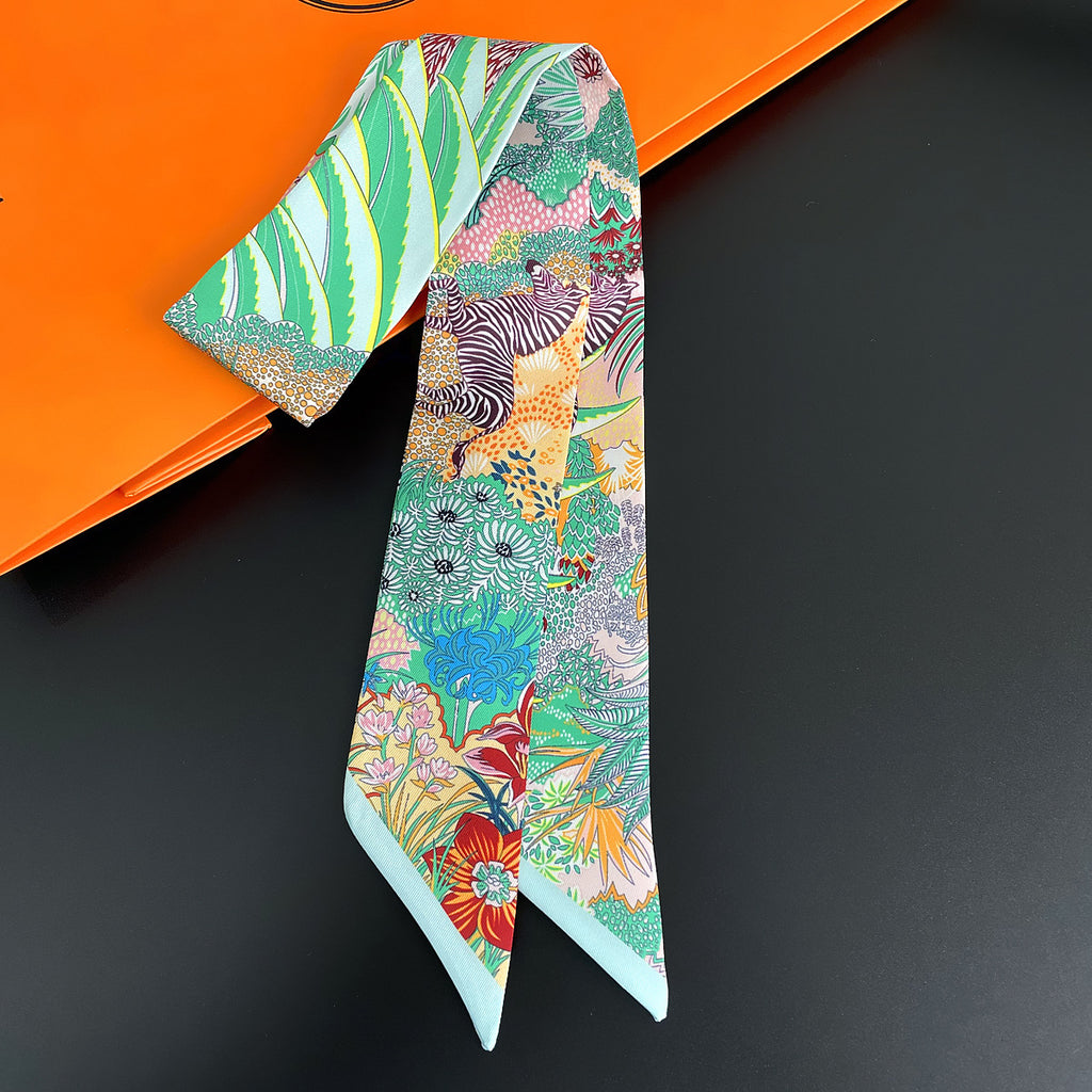 European and American Korean Version Plant Jungle Horse Women's Twill Ribbon Long Strip Ribbon Bag Tie Ribbon Hairband Small Scarf Scarf