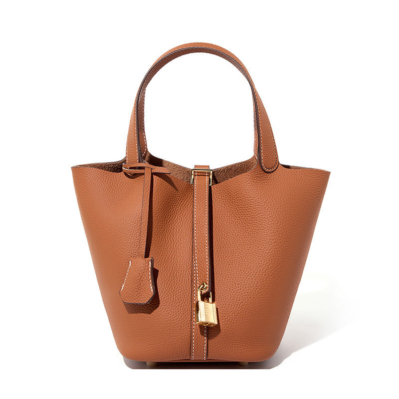 Top Layer Cowhide Vegetable Basket Bag for Women, Light Luxury Versatile Handbag, Niche Design, High-Quality Texture, Large Capacity Bucket Bag