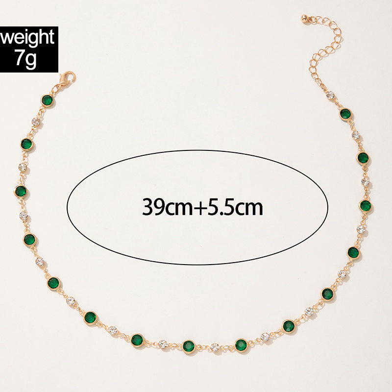 European and American New Style Green Zircon Niche Personality Retro Inlaid Diamond Short Necklace Collarbone Chain Choker chocker Female