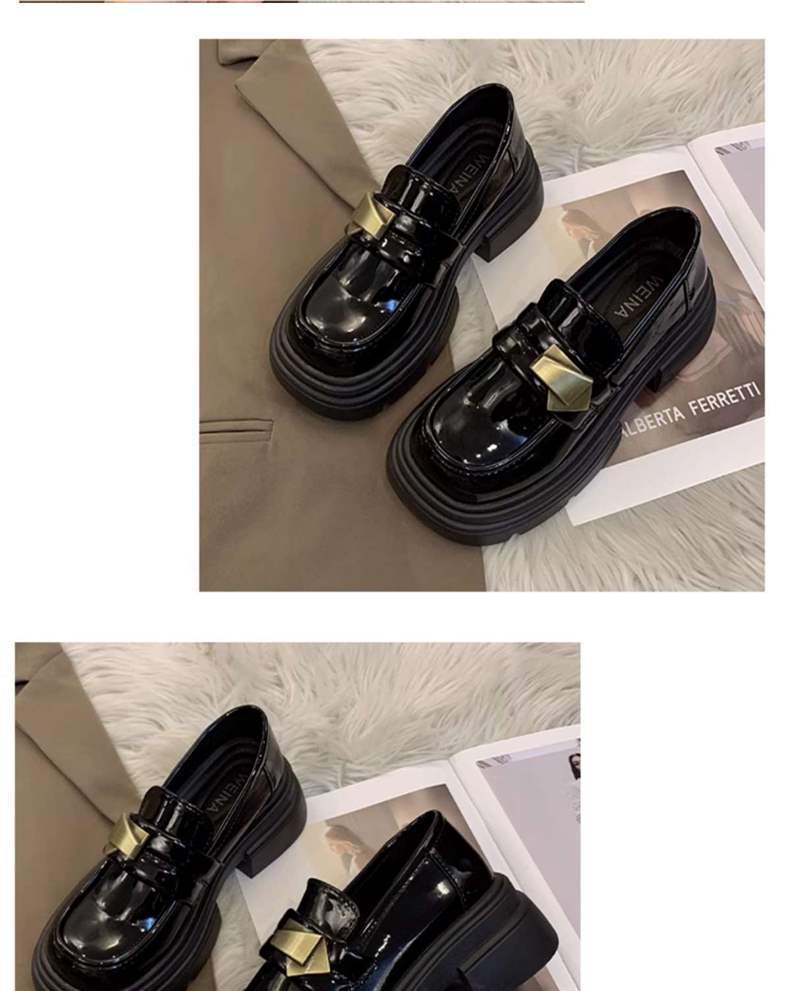 Black Thick Sole Heightening Loafers Women's Shoes2025Spring New Slip-On Shoes British Style Big Toe Small Leather Shoes