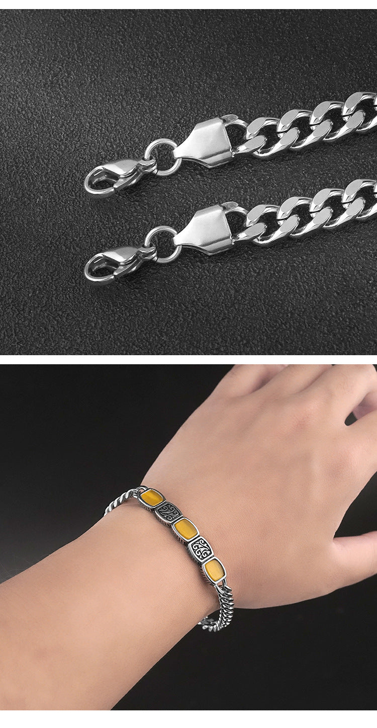 New Ethnic Style Stainless Steel Orange Gemstone Bracelet Vintage Versatile Unisex Titanium Steel Jewelry