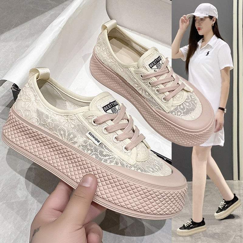 Summer Mesh Breathable Fisherman Shoes for Women with Height Increase6cm New soft-soled non-slip lace sports casual sneakers for women