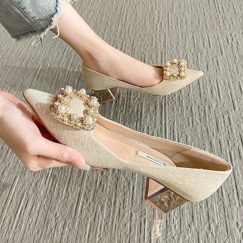 Pumps Women2025New Spring and Autumn Pointed Champagne Color Wedding Shoes Bride Shoes Autumn Bridal Thick Heel High Heels for Women