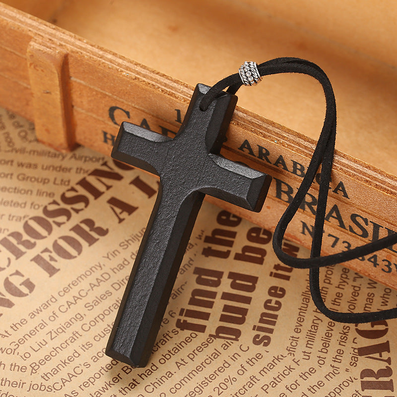 European and American Cross Sweater Chain Couple Long Necklace Gift Velvet Rope Pendant Vintage Wooden Cross Necklace