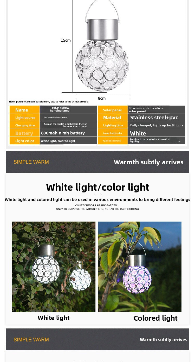 Solar Hanging Light Garden Garden Light Outdoor Waterproof LED Small Pendant Light with Light Control Hollow Lawn Villa Decorative Lamp