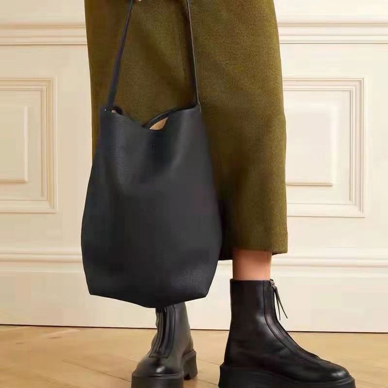 New Large Capacity Genuine Leather Row Bucket Bag Tote Underarm Bag Women's Casual Handheld Single Shoulder Cowhide Bag