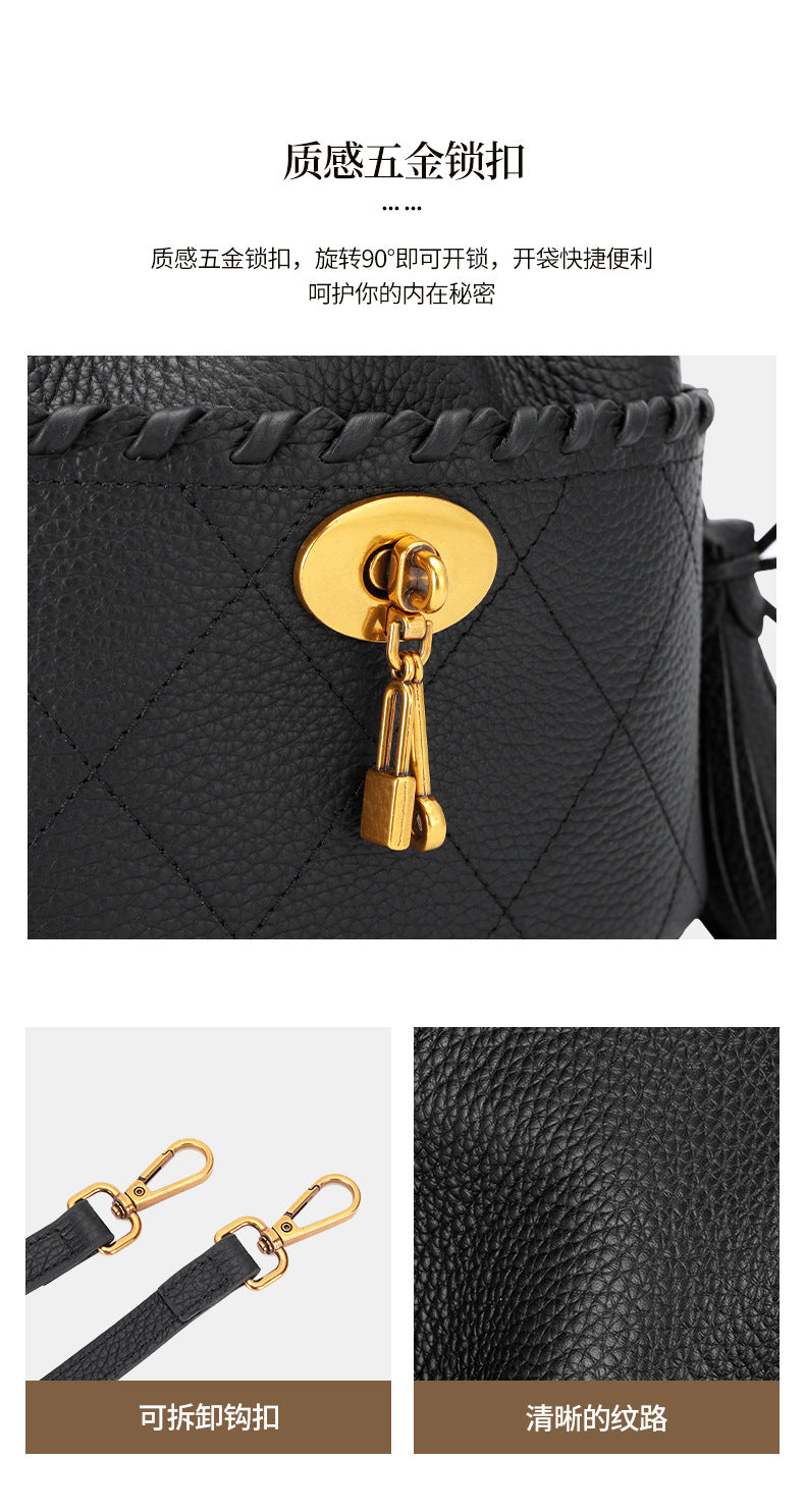 European and American First Layer Cowhide Women's New Genuine Leather Handbag Trendy Bucket Bag Tassel Niche Drawstring Shoulder Crossbody Bag