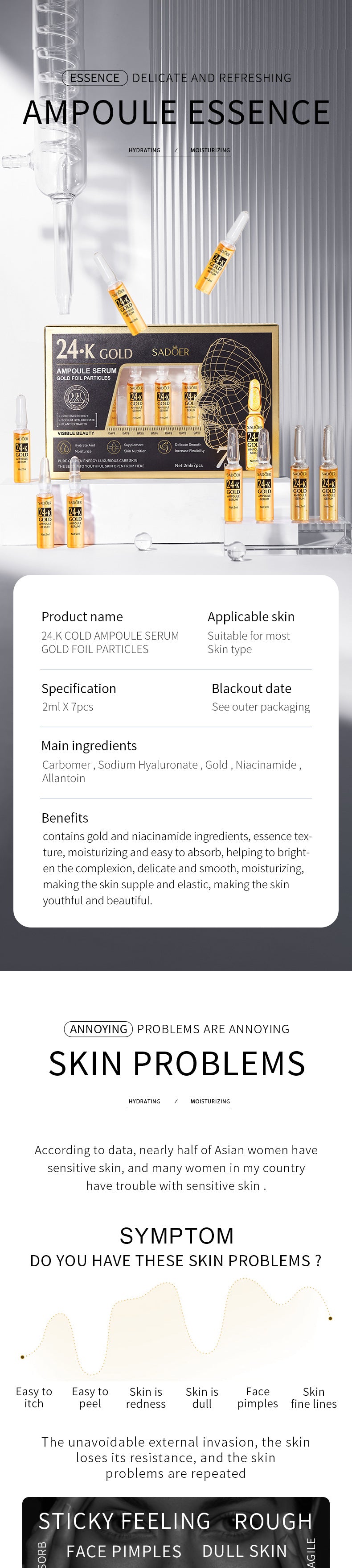 Full English Ampoule Essence SADOER Golden Hyaluronic Acid VC Moisturizing and nourishing  Foreign Trade Live Wholesale