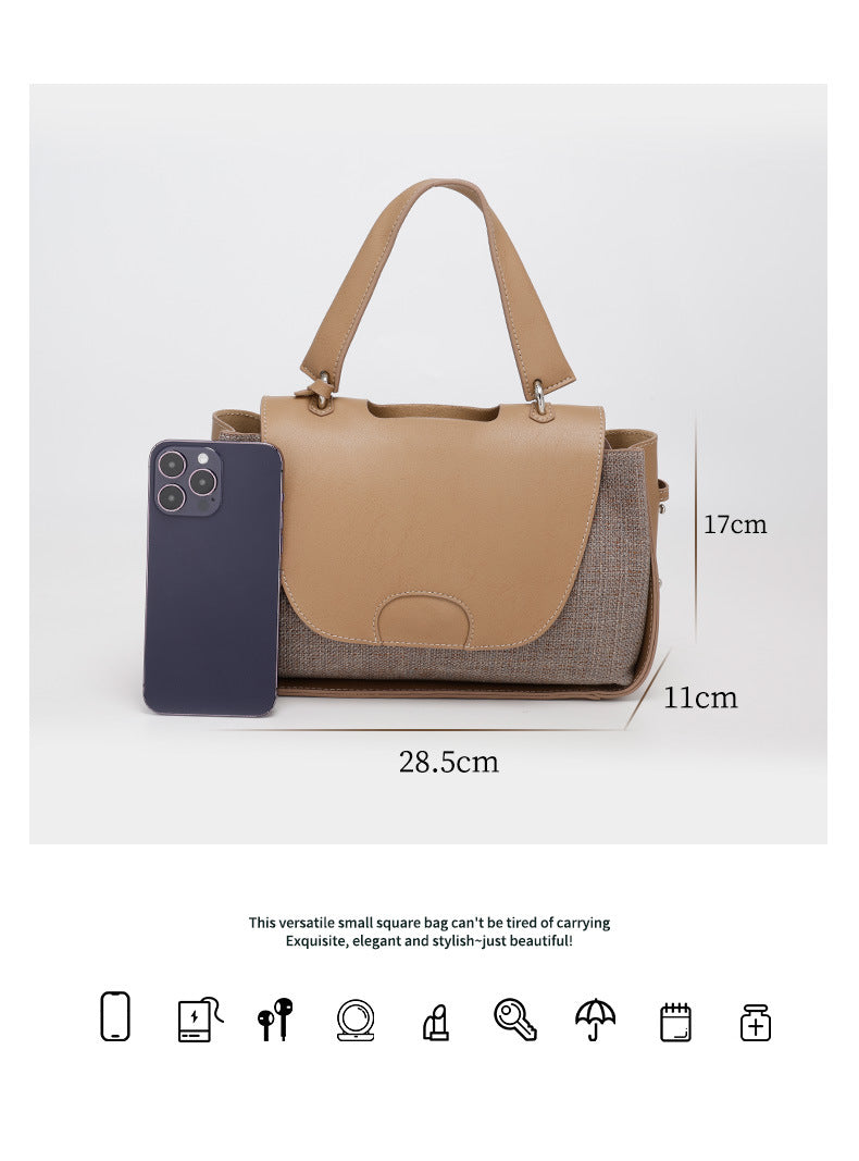 French-style Light Luxury New Niche Design Cowhide Stitching Handbag2024Crossbody Retro Small Square Bag