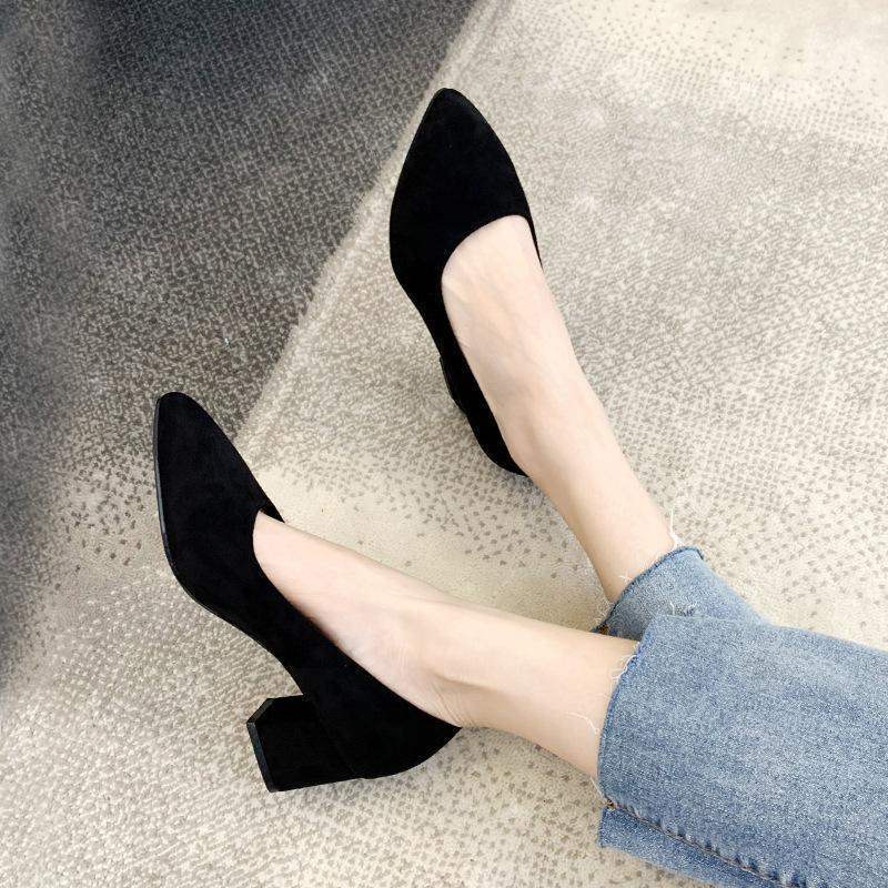 Etiquette Black Large Size High Heels Shallow Mouth Pointed Toe Non-Chafing Single Shoes Women Chunky Heel Professional Versatile Mid-Heel Work Shoes