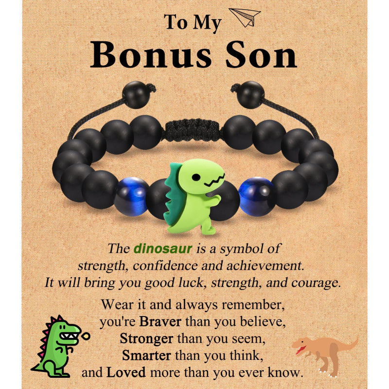 Black Matte Woven Bracelet with Tiger Eye Stone8mm Beaded Children's Back-to-School Season Bracelet Card Little Dinosaur Woven Bracelet