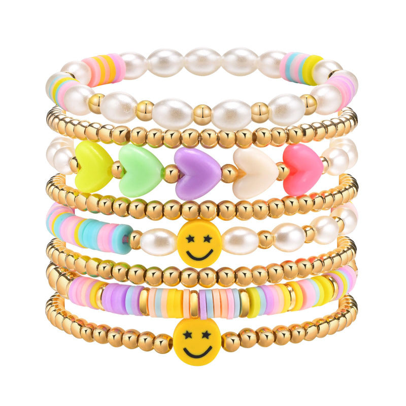 Women's Imitation Pearl Bracelet Set Casual Vacation Bohemian Style Gold Bead Bracelet Smile Heart Soft Clay Bracelet