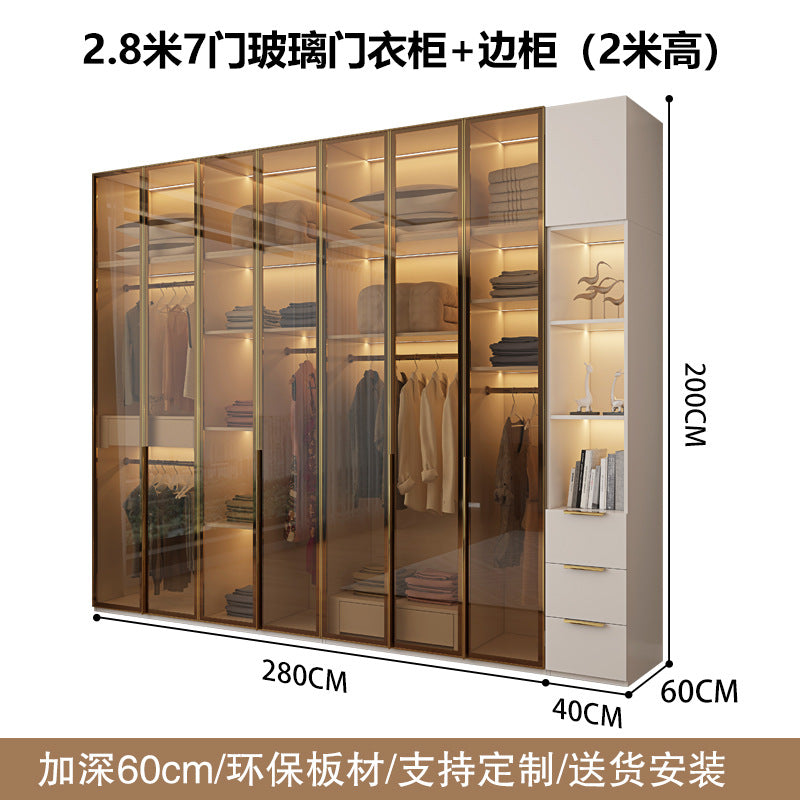 Glass Door Wardrobe with Lights, Solid Wood, Home Bedroom, Modern Simple European Pine Board, Cream Color, Skin Feel Storage, Large Wardrobe