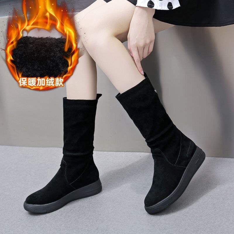 Thick-Soled Non-Slip Suede High Boots for Women, Thick Fleece Winter Mid-Calf Boots, Flat Snow Boots, Warm Cotton Shoes, Martin Boots