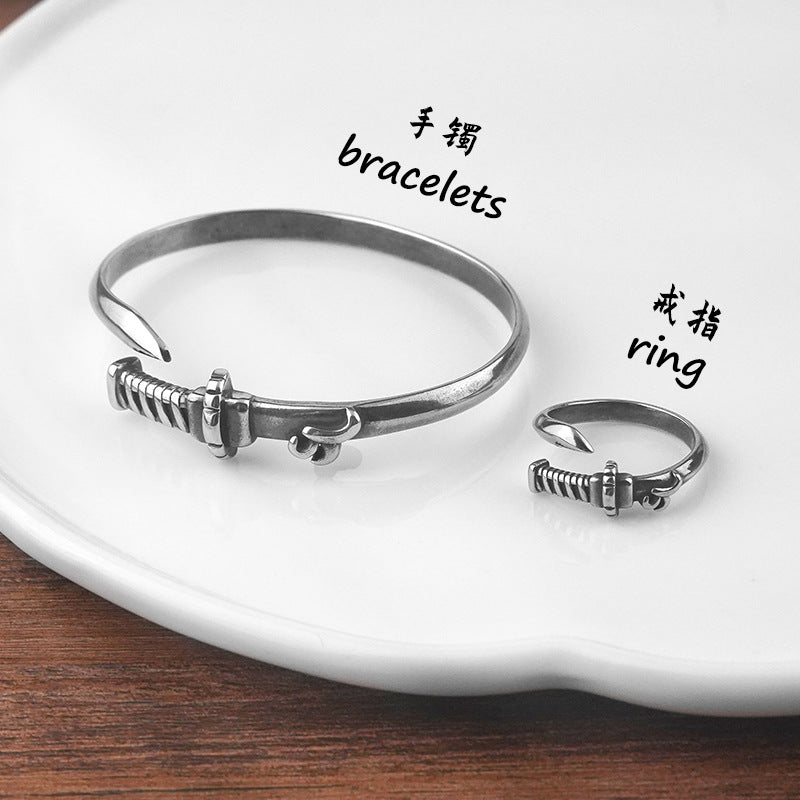 New Trendy Personality Stainless Steel Bracelet Ring Set Steel Color Vintage Titanium Steel Jewelry Ring Factory Wholesale