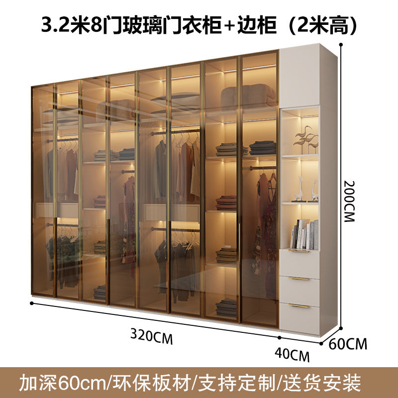 Glass Door Wardrobe with Lights, Solid Wood, Home Bedroom, Modern Simple European Pine Board, Cream Color, Skin Feel Storage, Large Wardrobe
