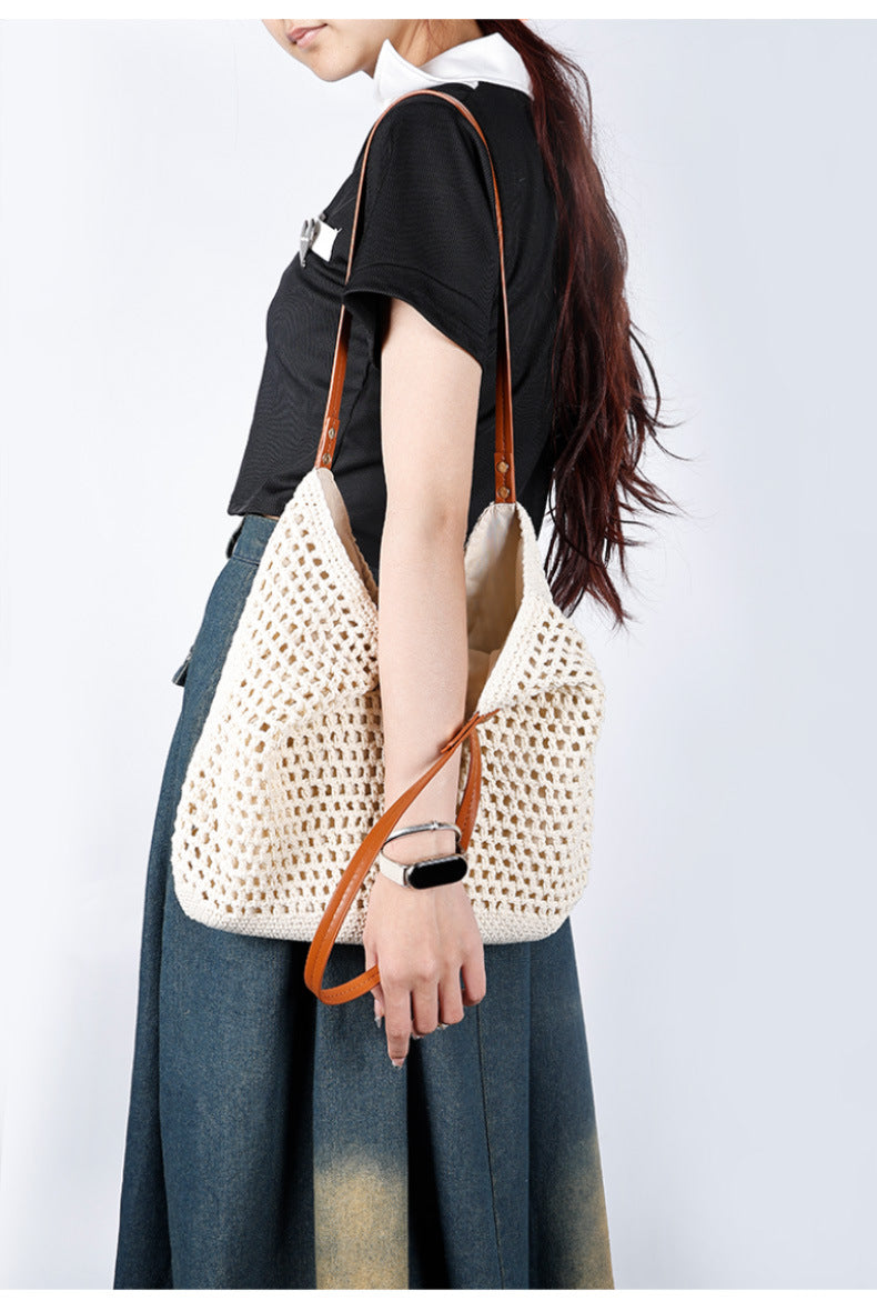 New Large Capacity Lazy Style Woven Bag for Women Versatile Artistic Shoulder Bag Beach Bag Cotton Rope Commuter Tote Bag