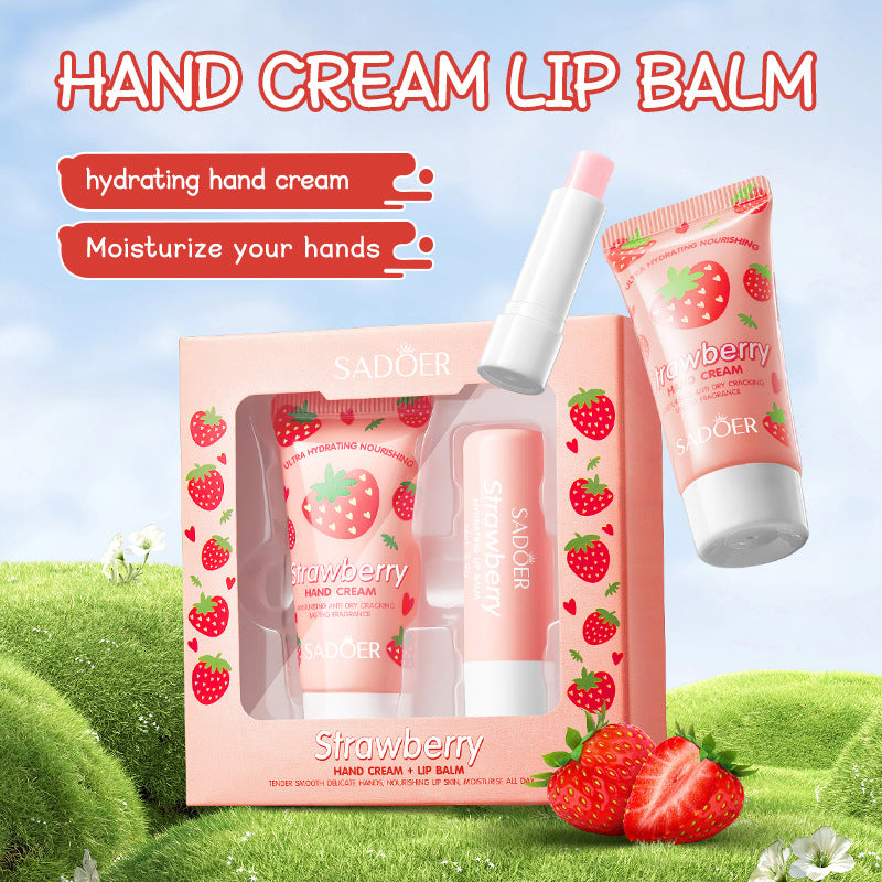 Full English Strawberry Hand Cream Lip Balm Set SADOER Nourishing Autumn and Winter Hand Cream Lip Balm  Wholesale