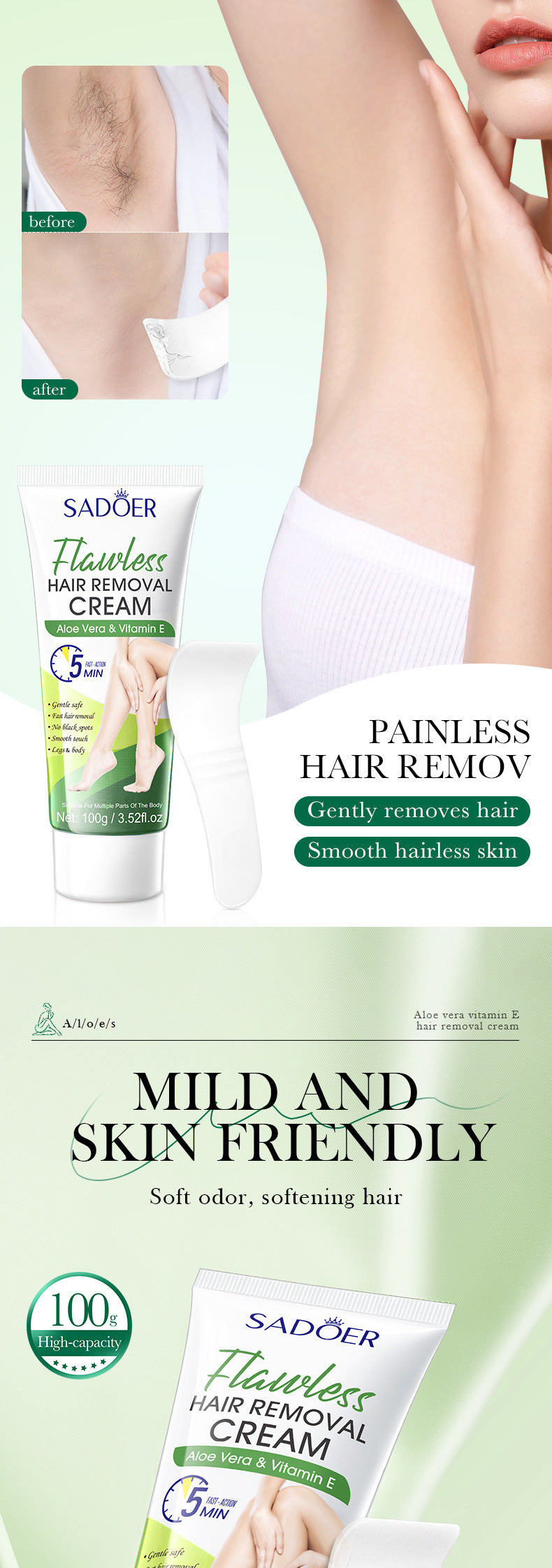 Plant VE Depilatory cream100g SADOER Smooth and Gentle Underarm Hair Removal Cream Cross-Border Wholesale