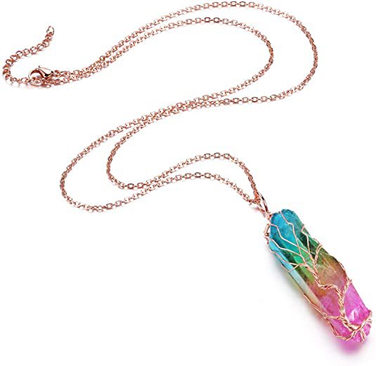 Natural White Crystal Women's Necklace with Color Plated Hexagonal Column Life Tree Pendant Bronze Wire Wrapped Crystal Pendant Necklace