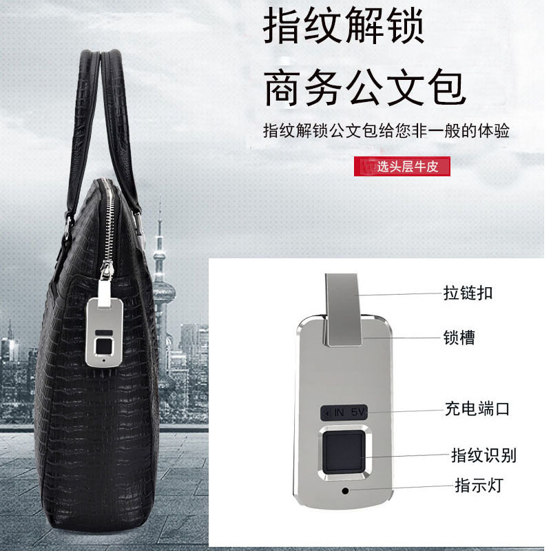 Fengeluoer Fingerprint Lock Bag Genuine Leather Men's Business Briefcase High-end Crocodile Pattern Top Layer Cowhide Handbag