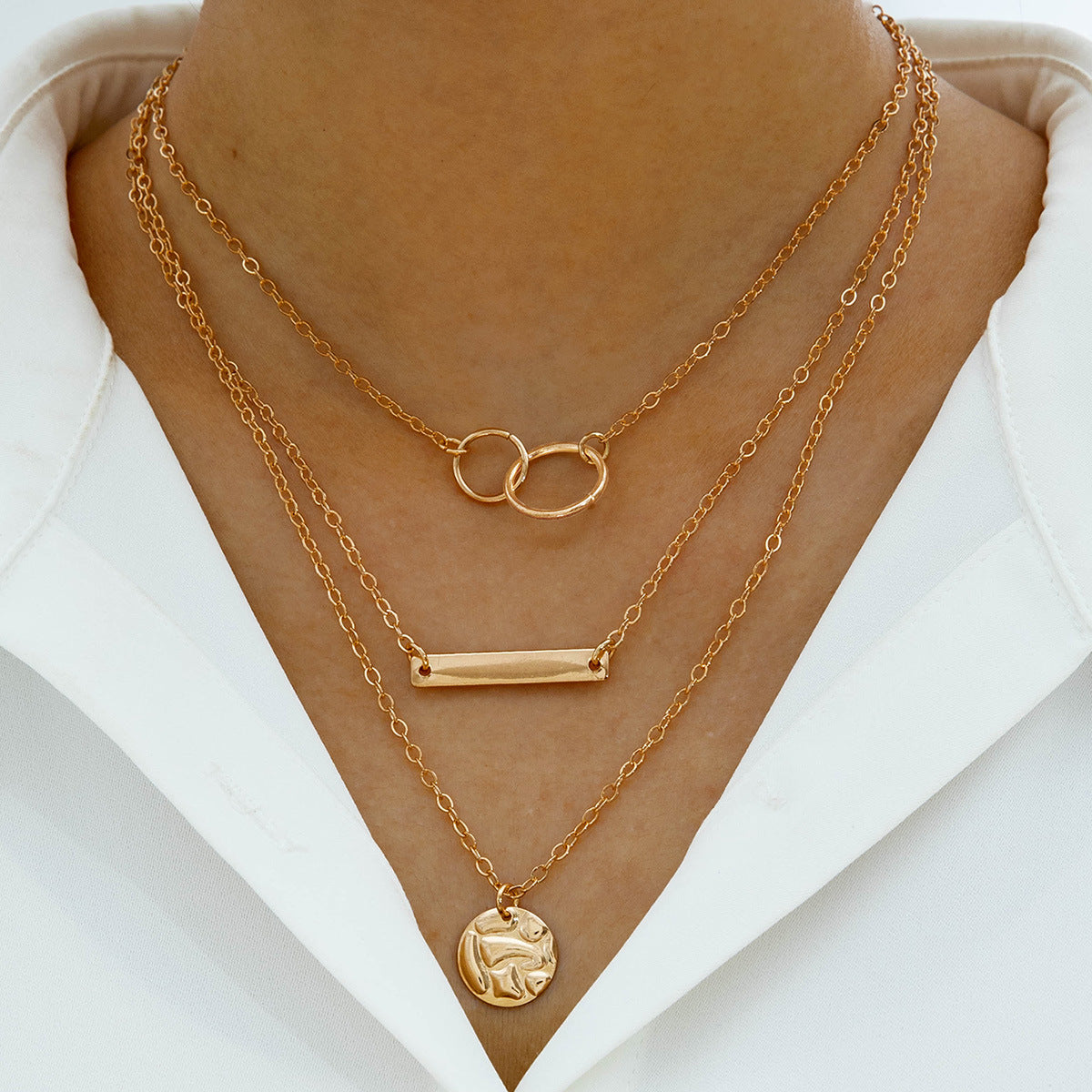 European and American Fashion Collarbone Chain Round Pendant Tassel Multi-layer Stacking Necklace Layered One-word Necklace3Set