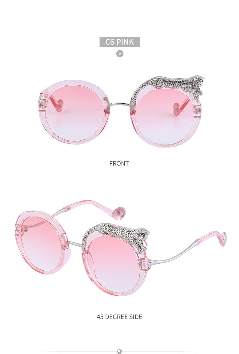 2025New Anti-Blue Light Glasses for Women Leopard Head Diamond-Studded European and American Round Frame Sunglasses Trendy Large Frame Sunglasses High-End Feel