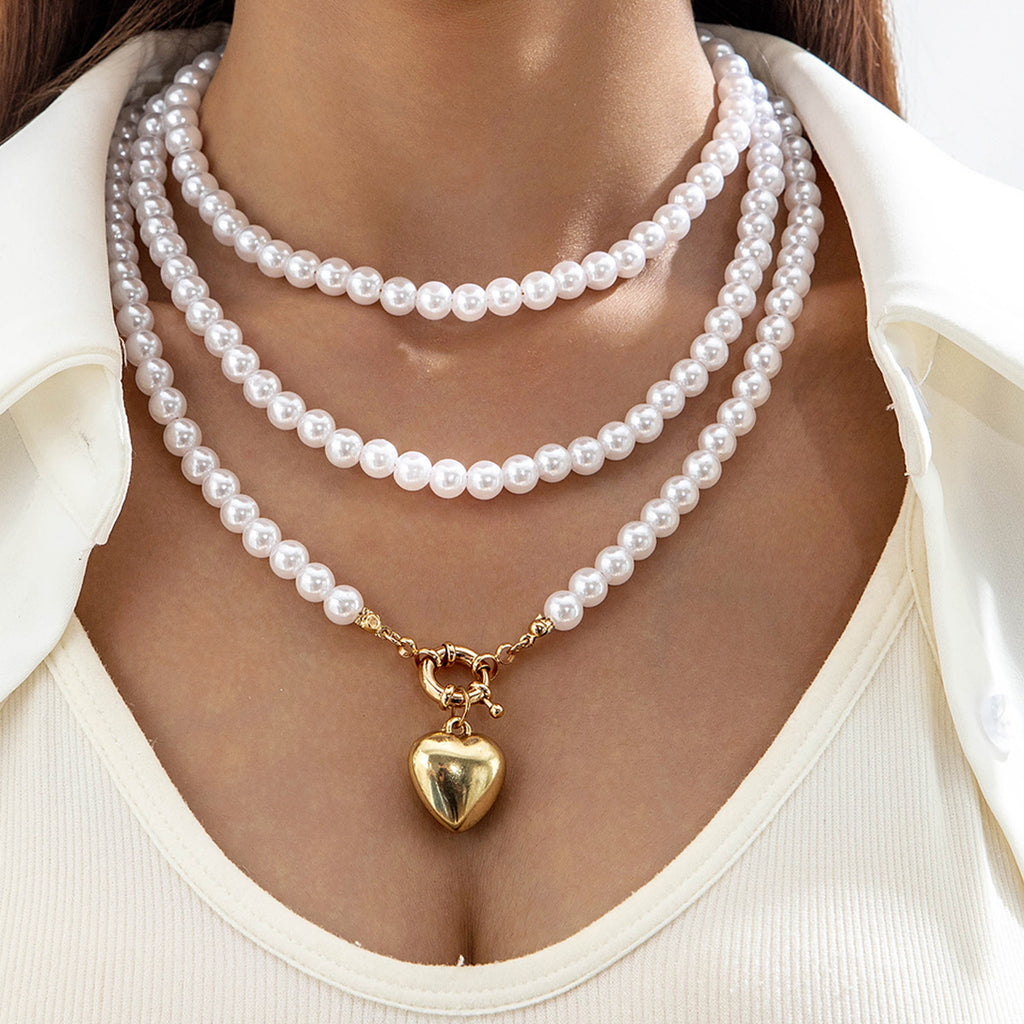 Ornament Layered Wear CCB Peach Heart Necklace Wholesale Baroque Metal Pendant Pearl Necklace