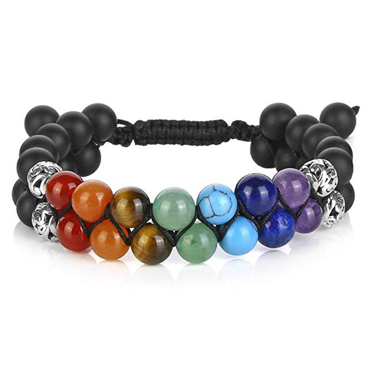 Men's Natural Stone Double Row Bracelet Woven Adjustable Bracelet Couple Colorful Volcanic Stone Woven Bracelet