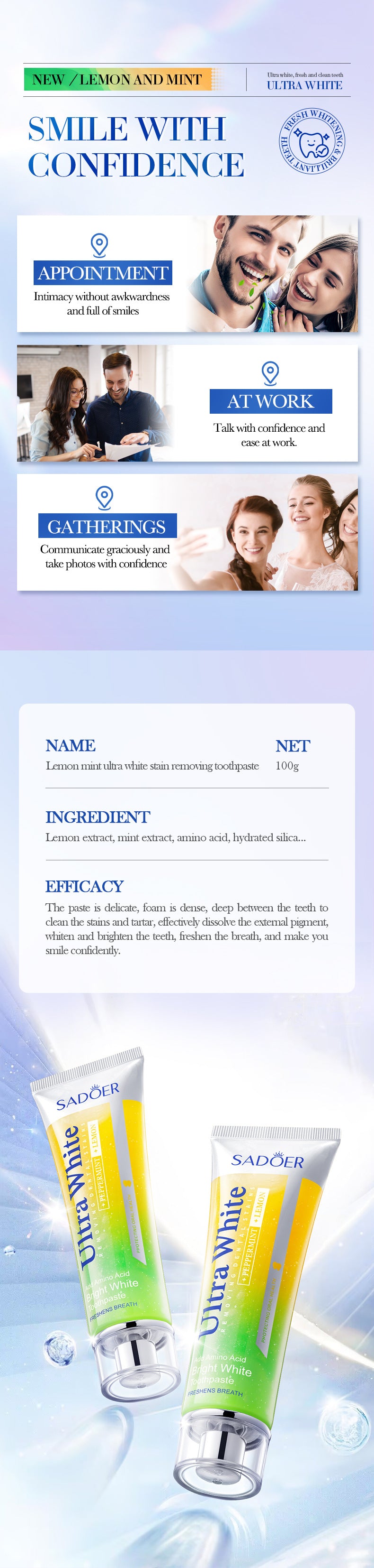 Lemon Mint Whitening Toothpaste SADOER Stain Removal Cleaning Tartar Toothpaste Cross-Border Wholesale