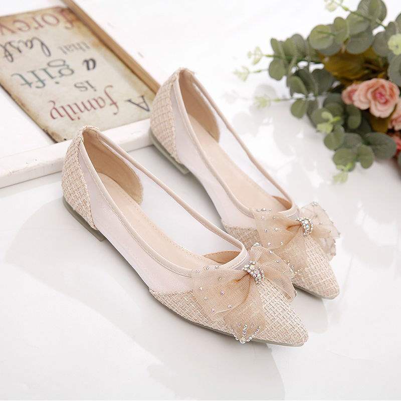 Summer Breathable Cool Single Shoes for Women, New Korean Style Evening Breeze Loafers, Bowknot Mesh Pointed Flat Shoes