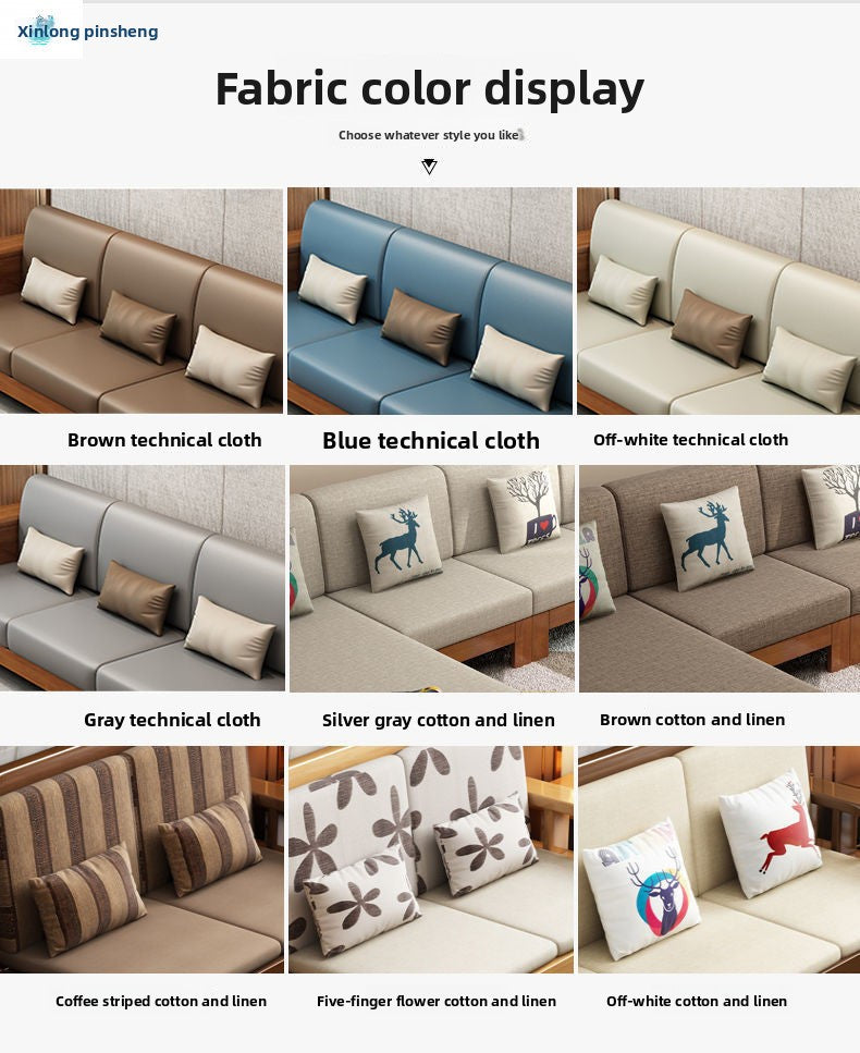 Modern Chinese Style Light Luxury Living Room Solid Wood Sofa Set Small Apartment Three-Seater Rural Wooden Fabric Sofa Bed