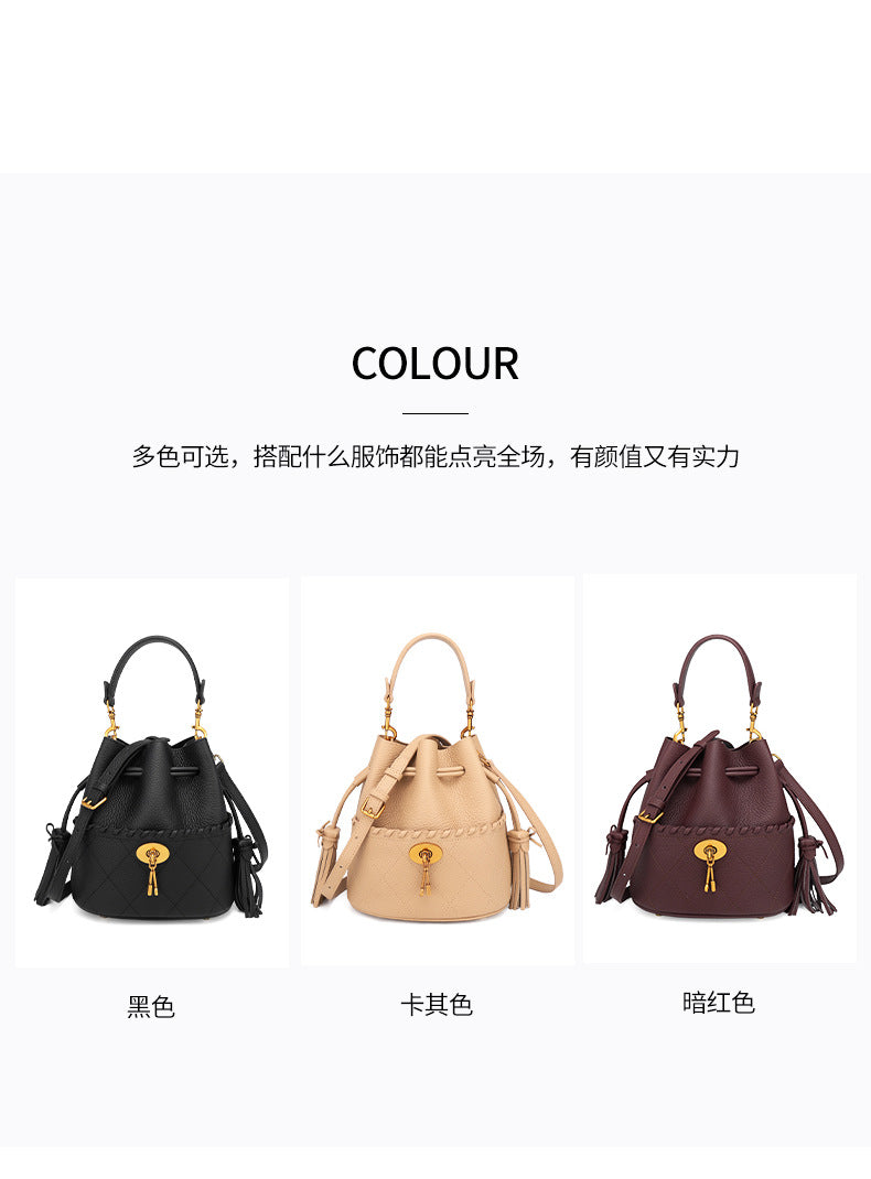 European and American First Layer Cowhide Women's New Genuine Leather Handbag Trendy Bucket Bag Tassel Niche Drawstring Shoulder Crossbody Bag