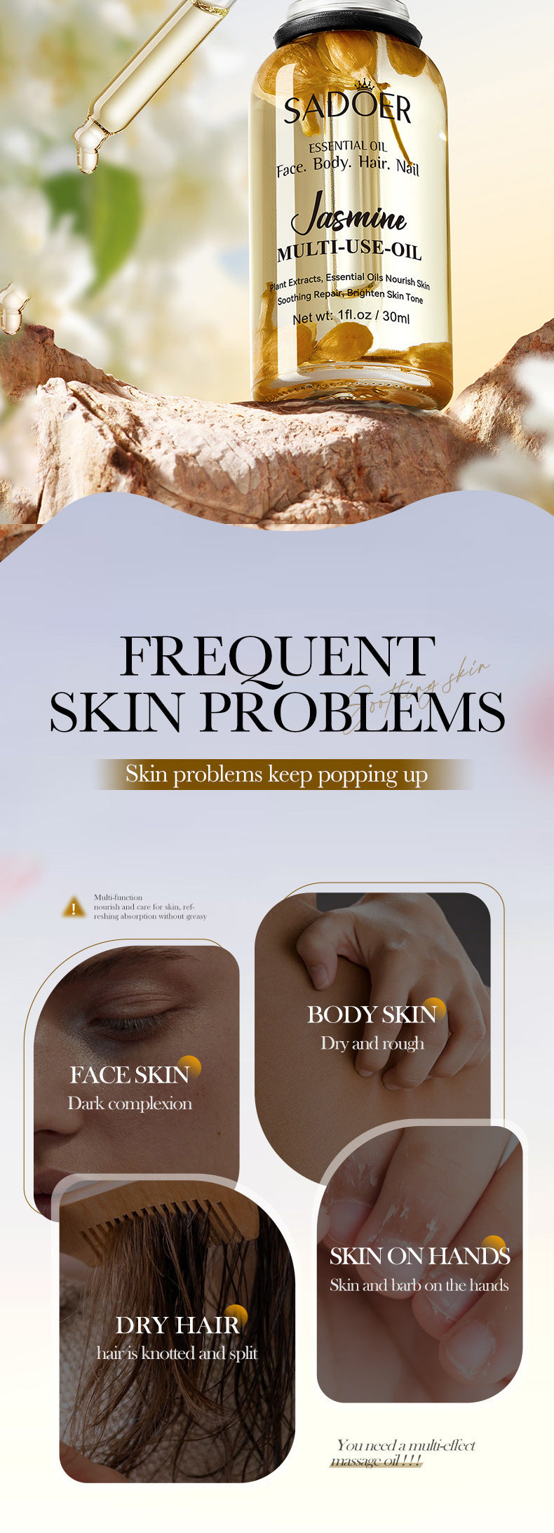 Cross-border Jasmine Dried Flower Massage Oil SADOER Moisturizing and rejuvenating skin body oil cross-border foreign trade wholesale