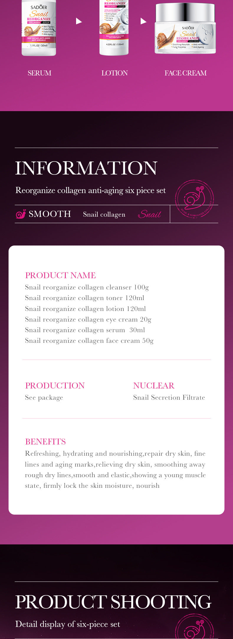 Full English SADOER Snail Restructured Collagen Six-piece Set Moisturizing skin care set  foreign trade wholesale