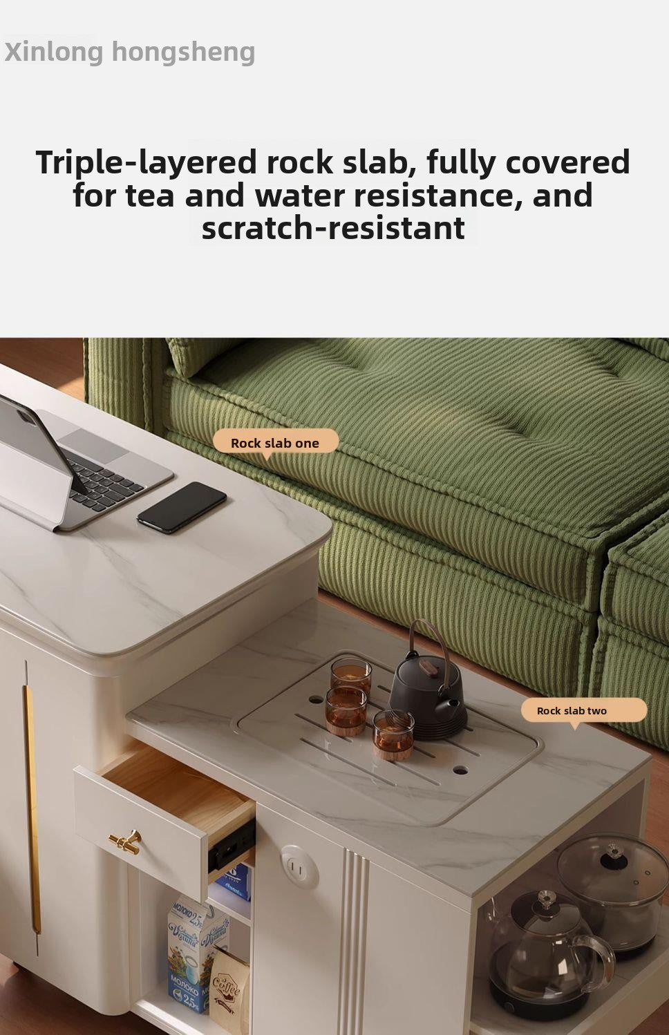 All Solid Wood Movable Tea Table Tea Desk Home Tea Cart Light Luxury Modern Rock Plate Rotating Balcony Table Chair with Wheels Tea Cart