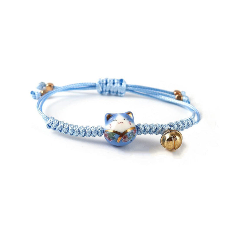 Vintage Ceramic Cat Handmade Woven Bracelet for Women Best Friend Gift Bell Pendant Cartoon Lucky Cat Woven Bracelet