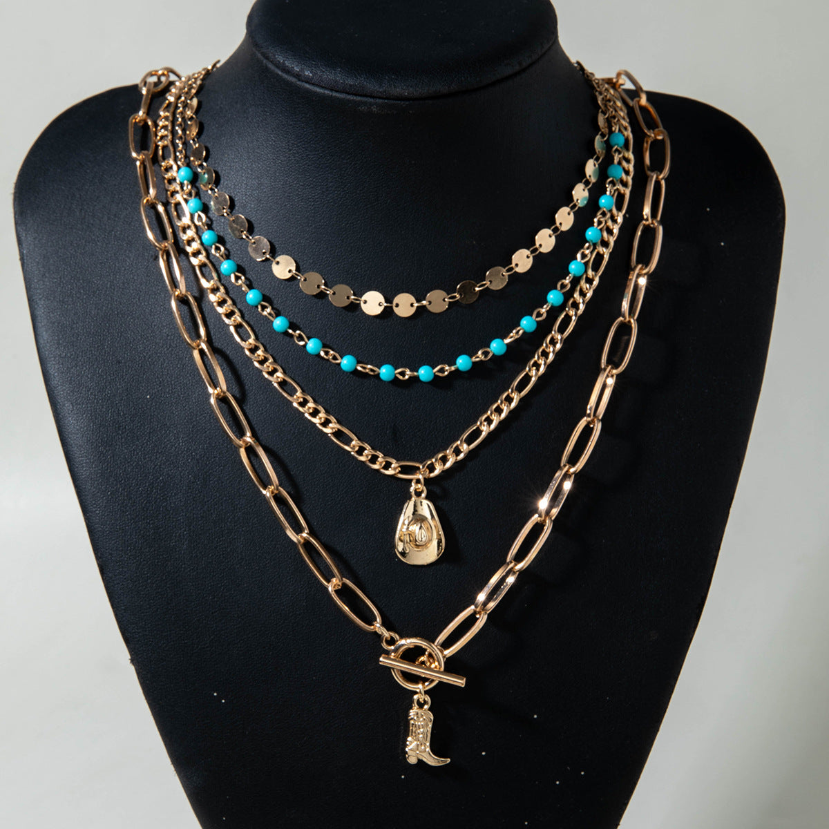 Bohemian Western Cowboy Boots Pendant Turquoise Necklace Layered Tassel Accessories Y Type Necklace