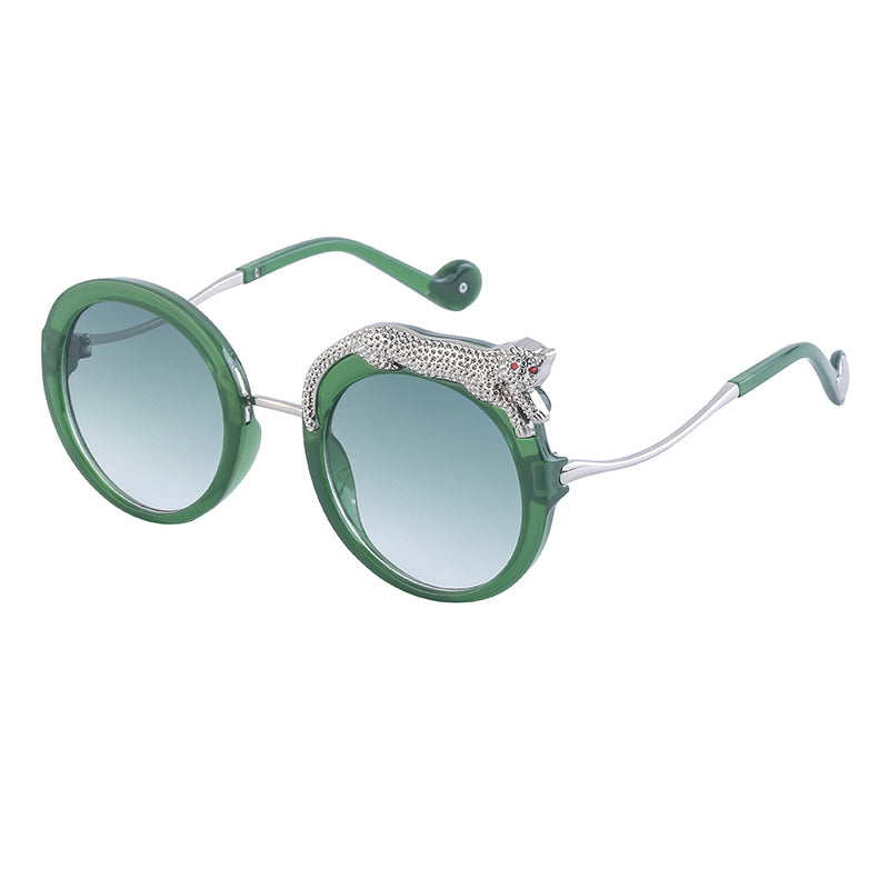 2025New Anti-Blue Light Glasses for Women Leopard Head Diamond-Studded European and American Round Frame Sunglasses Trendy Large Frame Sunglasses High-End Feel
