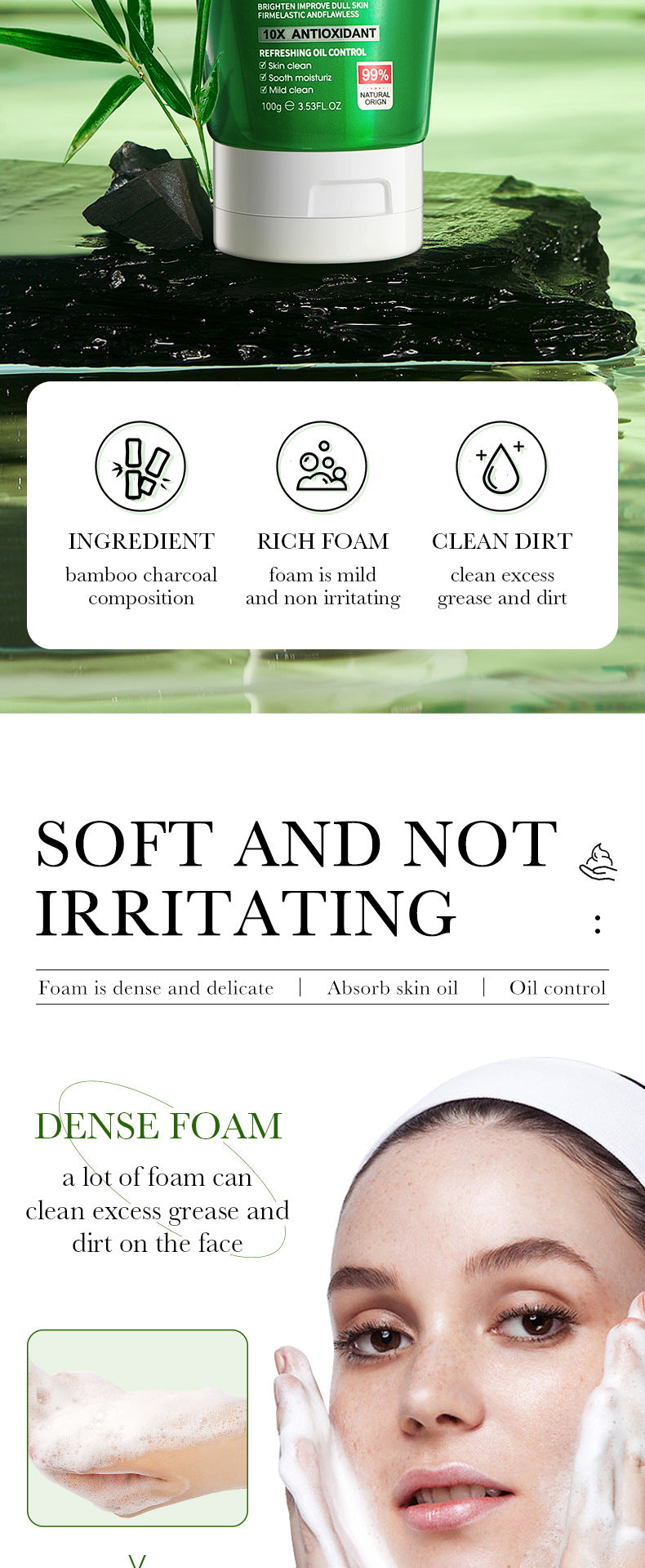 Bamboo Charcoal Facial Cleanser100gZOZU Deep cleansing refreshing non-greasy facial cleanser cross-border wholesale