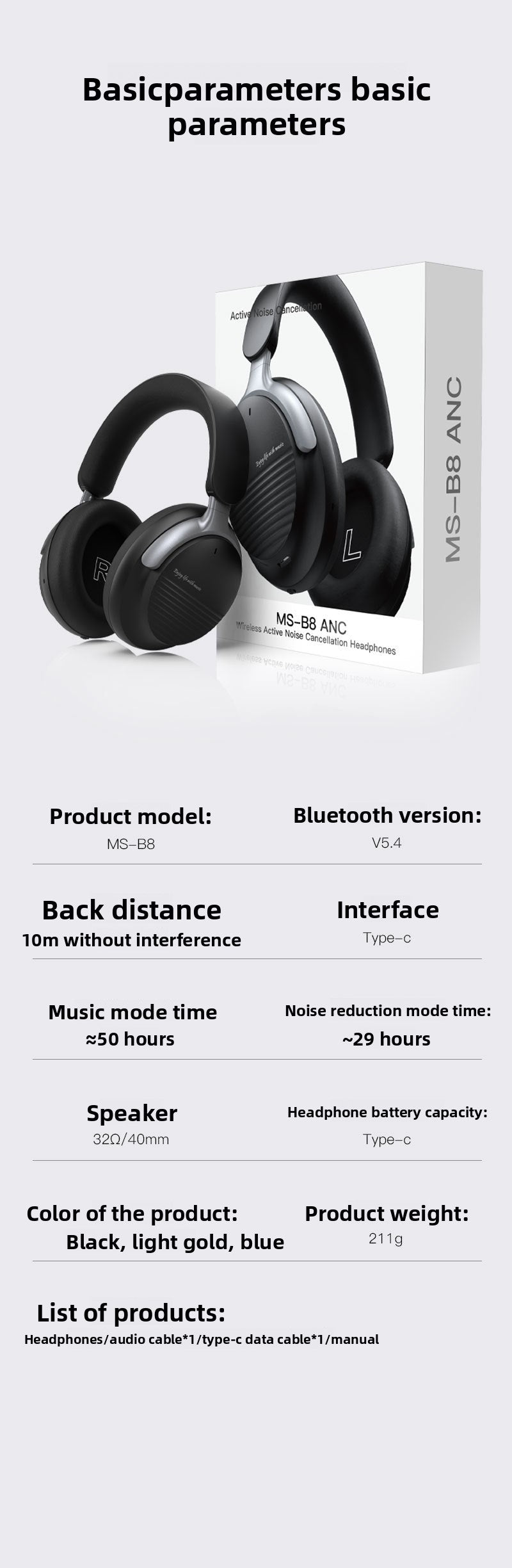 Head-mounted Bluetooth Wireless Earphones ANC Noise-canceling Sports Earbuds Simple, ultra-long battery life, comfortable to wear