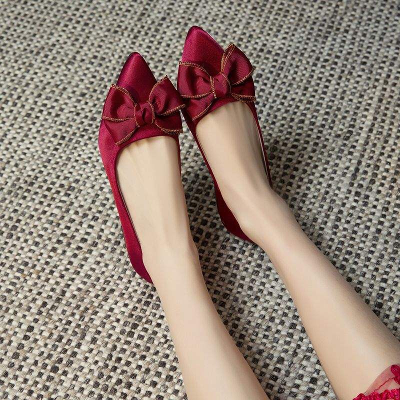 Red Wedding Shoes Bow2025New Women's Single Shoes Spring Autumn Versatile Shallow Mouth Pointed Toe Flat Bride Bridesmaid Shoes Trendy