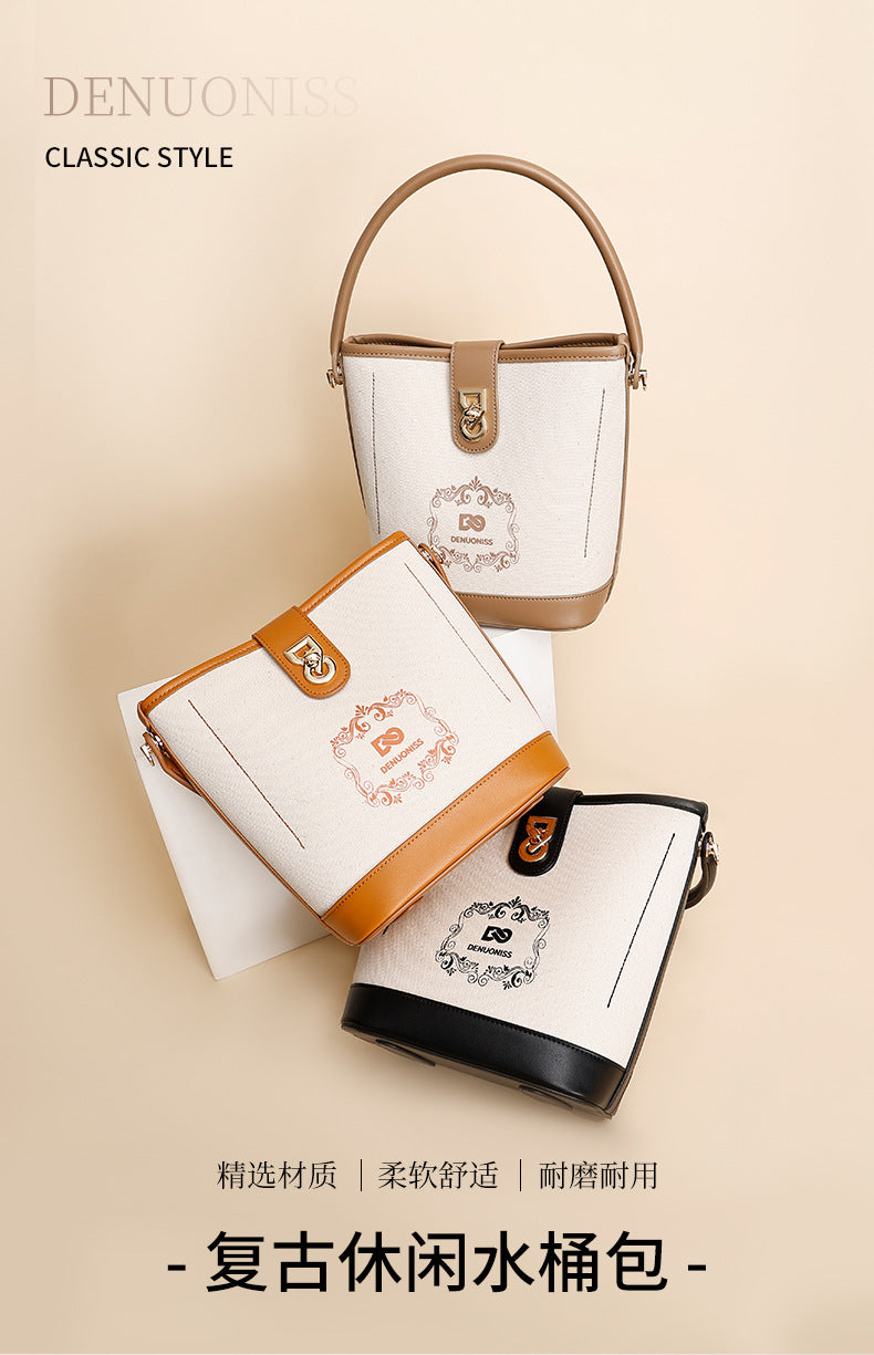 Korean Style Simple Canvas Contrast Color Bucket Bag Women's Stitching Portable and Fashion Women's Bag Versatile Messenger Bag
