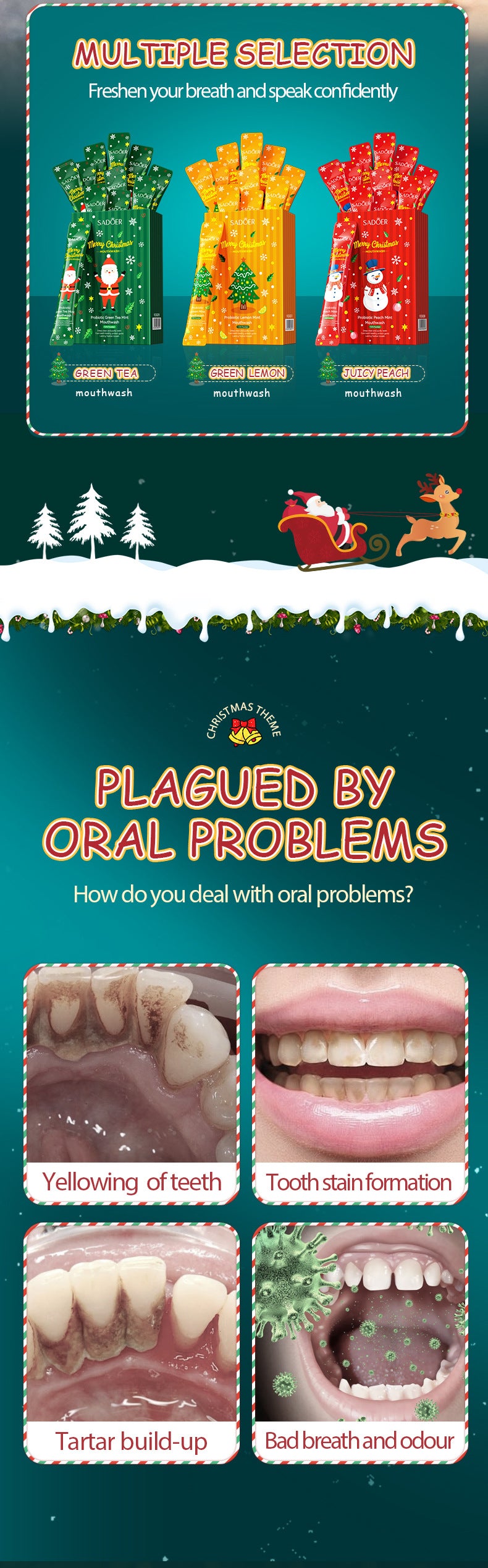 Cross-border Christmas Probiotic Mouthwash Strips10ml  SADOER Green Lemon Mint Export Manufacturer Wholesale