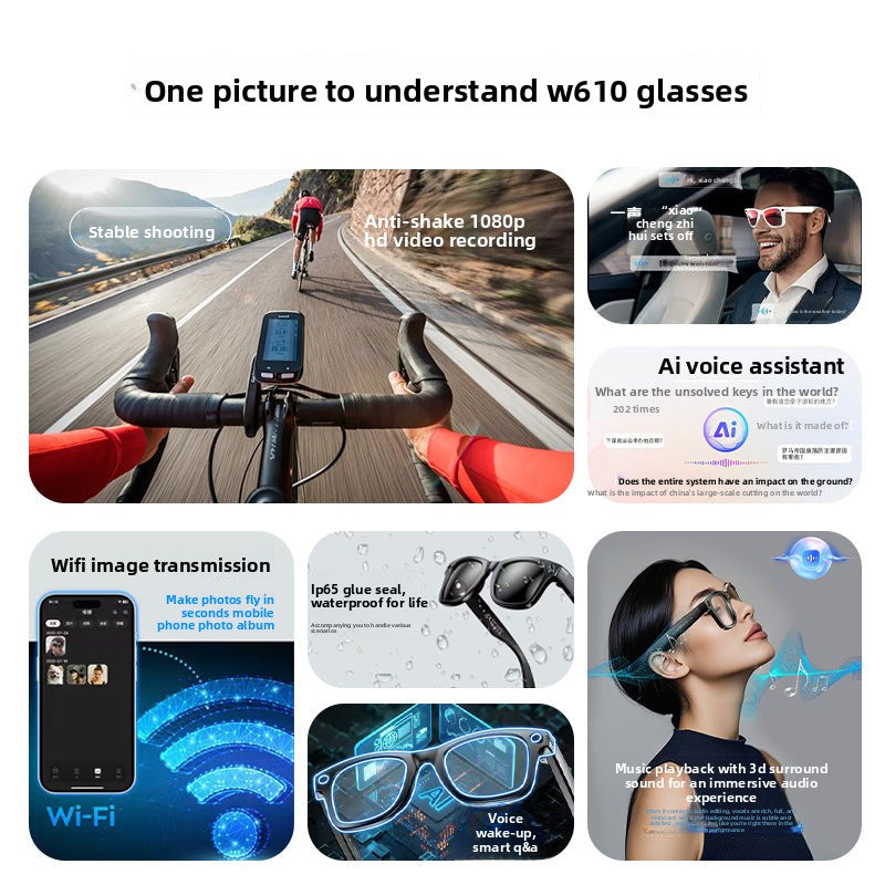 W610Smart Glasses AI Voice Assistant Translation800W Camera Listening to Music Bluetooth Calling Bluetooth