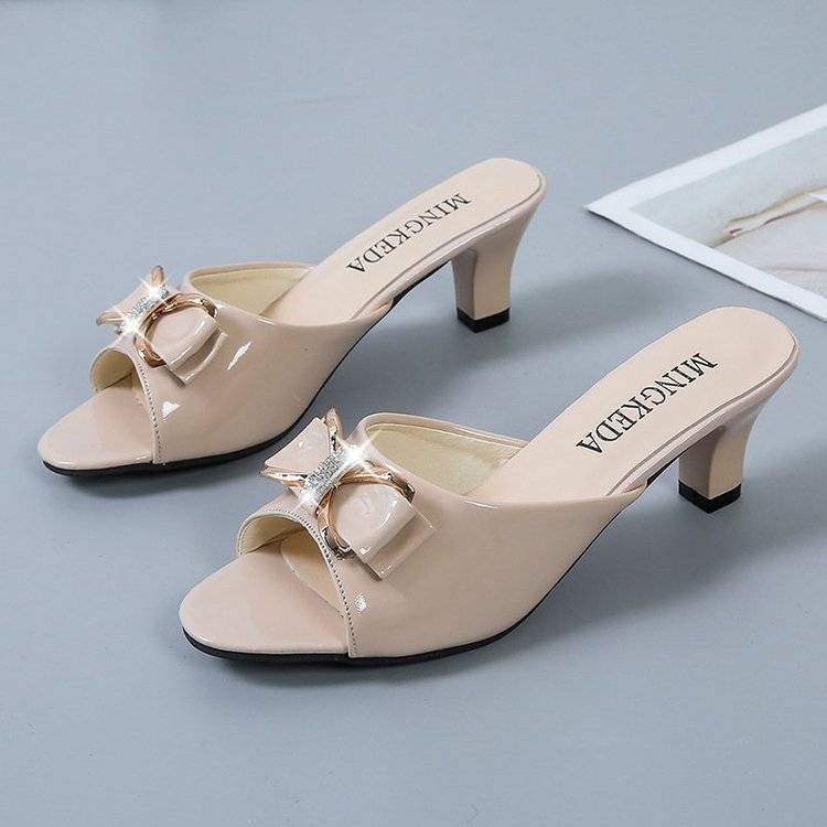 Korean Version Fashion Versatile Bowknot Thin Heel High Heels Women's Outdoor Wear Mid Heel Peep Toe Slippers Large Size Sandals Women's Shoes