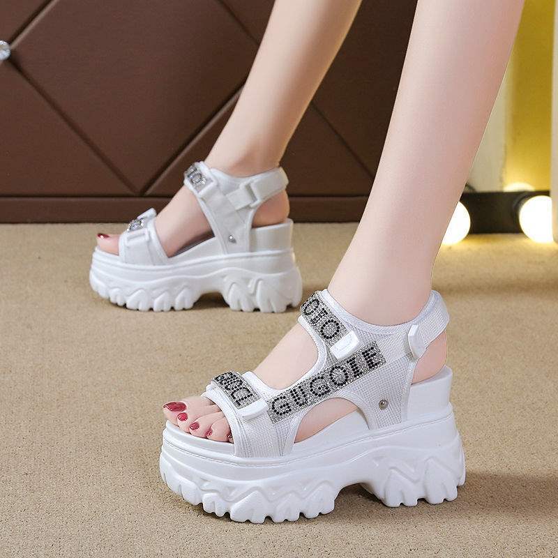 Women's Hidden Heel Sports Peep Toe Wedge Thick Sole Sandals2025Summer new style white rhinestone Velcro Roman shoes